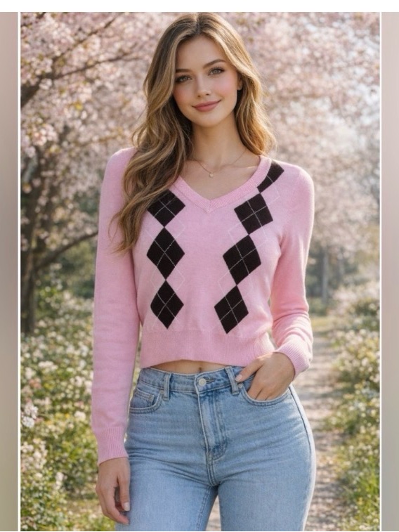Unban Weekend Pink Argyle V-Neck Cropped Sweater Junior Size M